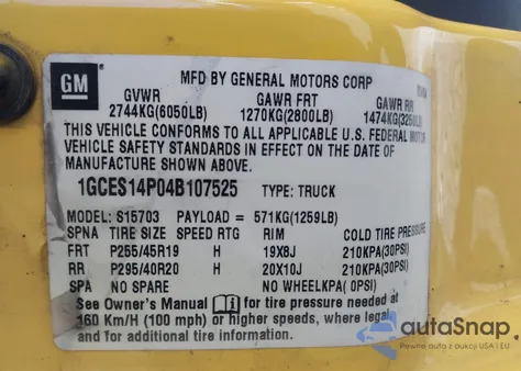 2004 Chevrolet Ssr z USA, uszkodzony, nr VIN 1GCES14P04B107525